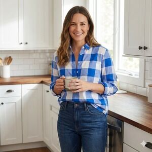 J. Crew Women's Blue White Buffalo Check Popover Button Down Shirt - Size 12T